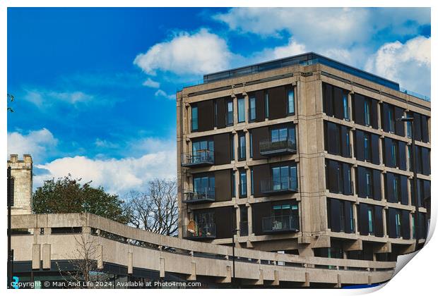 Modern urban apartment building with balconies against a blue sky with fluffy clouds. Architectural exterior of residential structure in a city setting in York, North Yorkshire, England. Print by Man And Life
