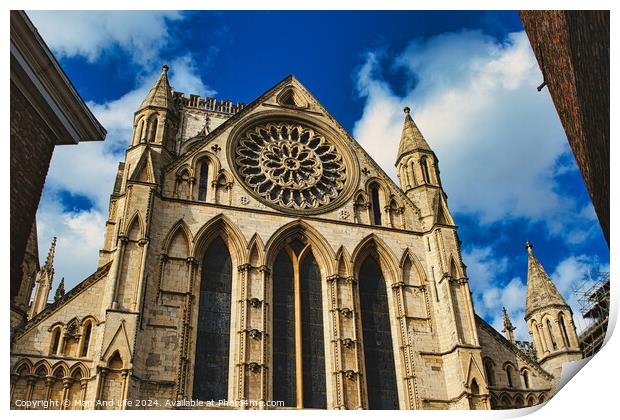 Gothic cathedral facade with rose window and spires against a blue sky with clouds, framed by trees in York, North Yorkshire, England. Print by Man And Life