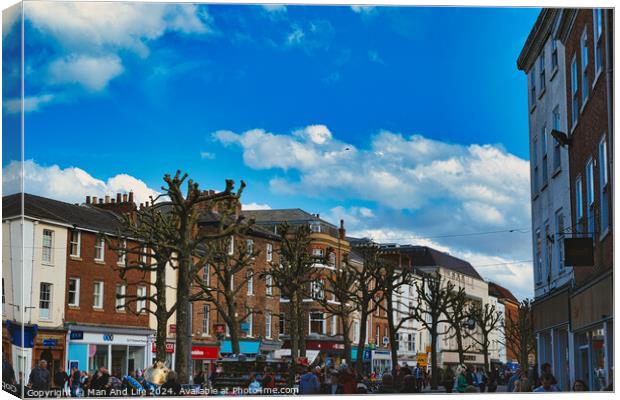 Bustling city street scene with pedestrians, unique pruned trees under a blue sky with clouds, and historic buildings, capturing the essence of urban life in York, North Yorkshire, England. Canvas Print by Man And Life