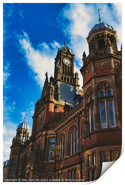 Gothic architecture of a historic building with a prominent clock tower against a blue sky with clouds in York, North Yorkshire, England. Print by Man And Life