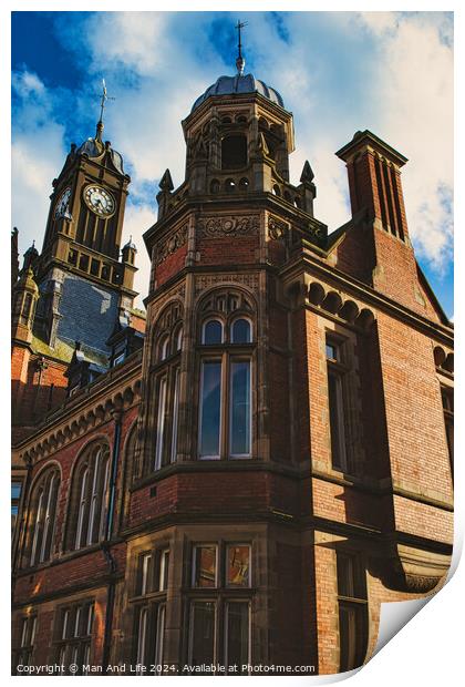 Victorian architecture with a clock tower under a blue sky, showcasing intricate brickwork, historical design, and a sense of timeless elegance in York, North Yorkshire, England. Print by Man And Life
