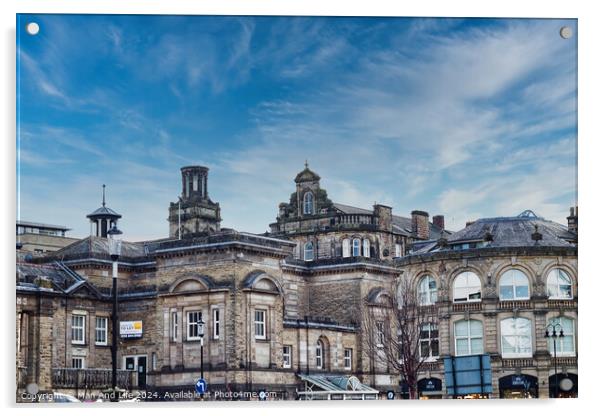 Classic European architecture under a dynamic sky with wispy clouds, showcasing historic buildings with intricate facades in an urban setting in Harrogate, North Yorkshire. Acrylic by Man And Life