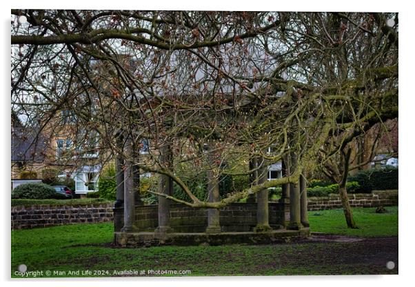 Tranquil park scene with bare-branched trees in early spring, showcasing a rustic stone bench beneath, on a carpet of green grass, with residential buildings in the background in Harrogate, North Yorkshire. Acrylic by Man And Life