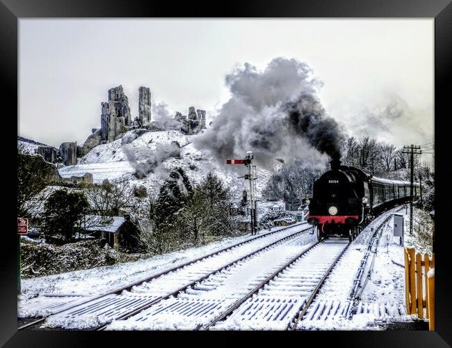 Steam train in snow Framed Print by Sandra  Hawkins 