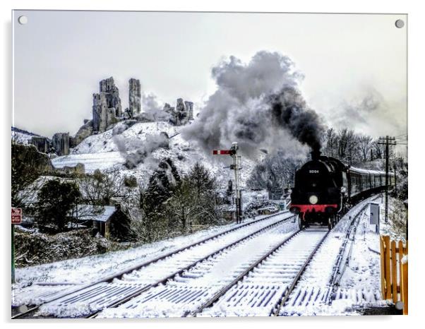 Steam train in snow Acrylic by Sandra  Hawkins 