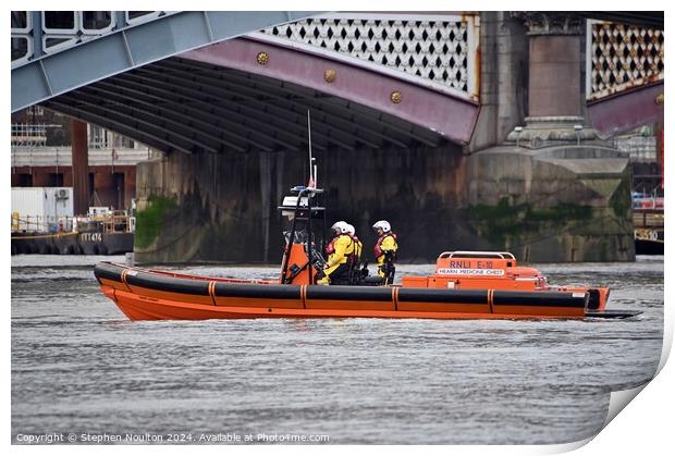 RNLI Tower Lifeboat on patrol on the River Thames Print by Stephen Noulton