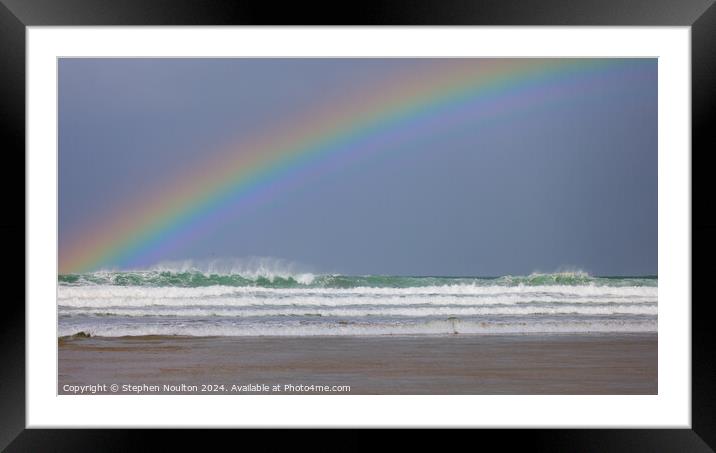Rainbow at Watergate Bay Beach Framed Mounted Print by Stephen Noulton