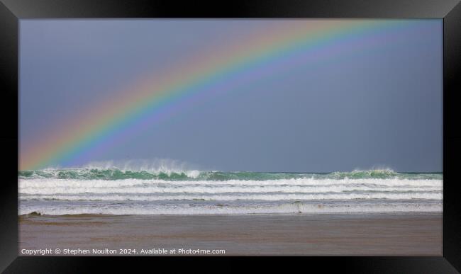 Rainbow at Watergate Bay Beach Framed Print by Stephen Noulton