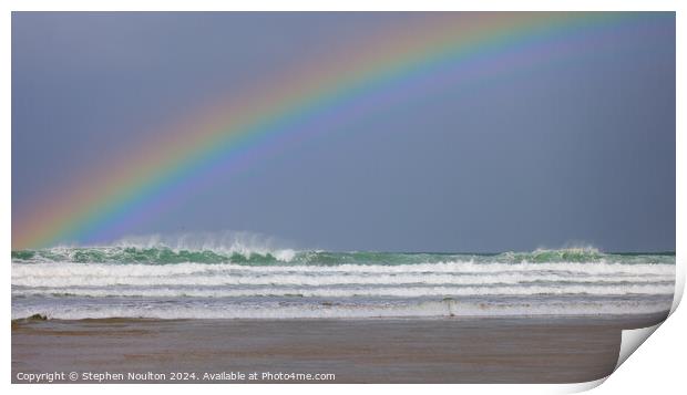 Rainbow at Watergate Bay Beach Print by Stephen Noulton