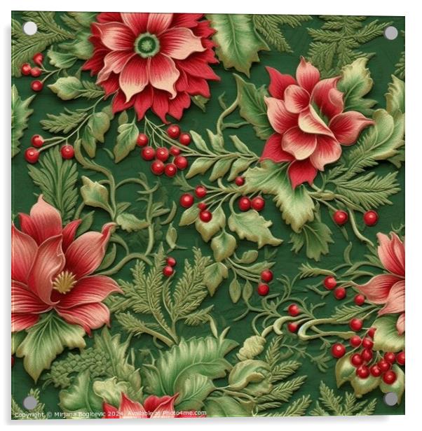 Embroided seamless pattern with red flowers Acrylic by Mirjana Bogicevic