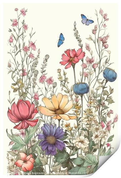Spring flowers and leaves border rectangle Print by Mirjana Bogicevic