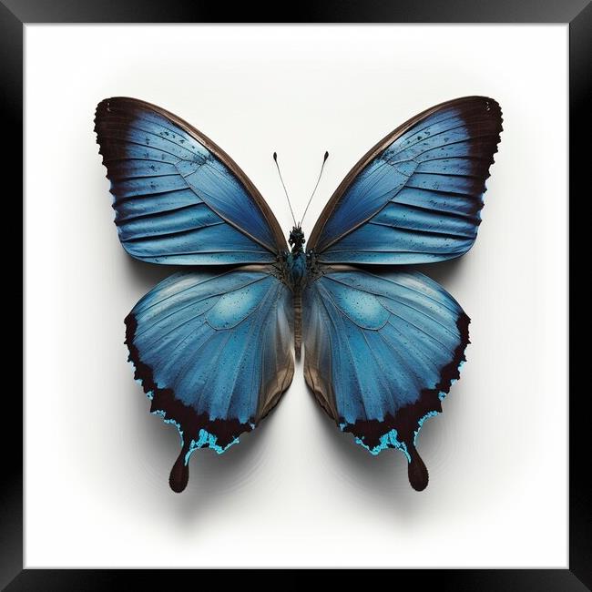 Flat lay view of the blue butterfly on white background Framed Print by Mirjana Bogicevic