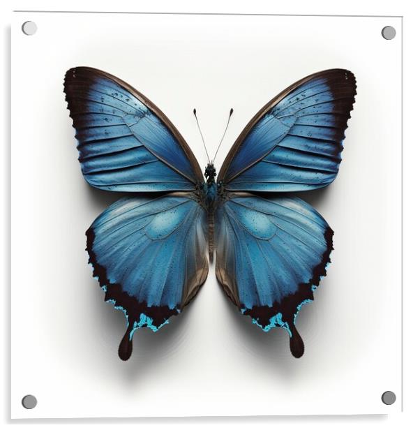Flat lay view of the blue butterfly on white background Acrylic by Mirjana Bogicevic
