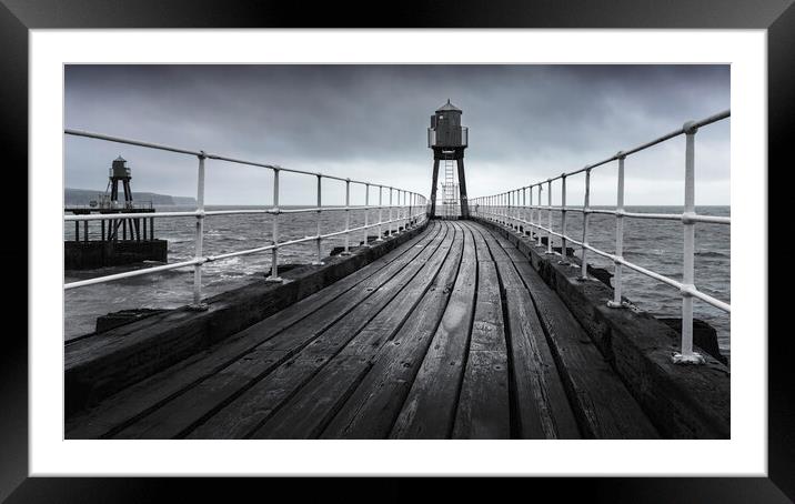 Whitby's East Pier in black and white  Framed Mounted Print by Anthony McGeever