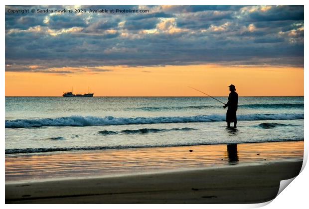Man fishing in ocean Print by Sandra  Hawkins 