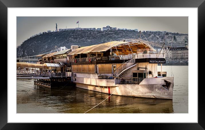 Restaurant Boat on the Danube at Budapest. Framed Mounted Print by David Jeffery