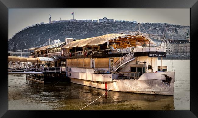 Restaurant Boat on the Danube at Budapest. Framed Print by David Jeffery