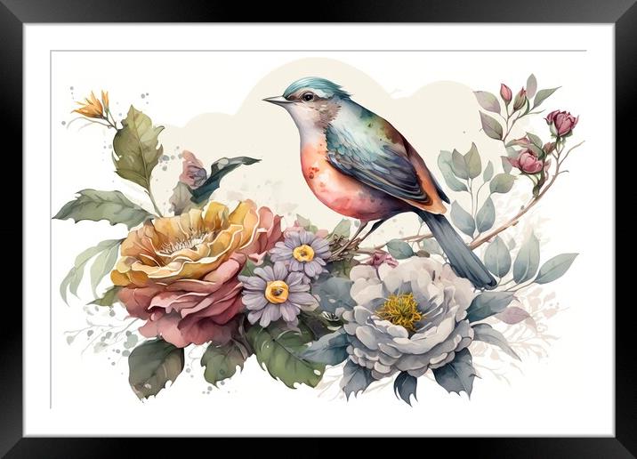 Vintage watercolor painting of flowers and bird Framed Mounted Print by Mirjana Bogicevic