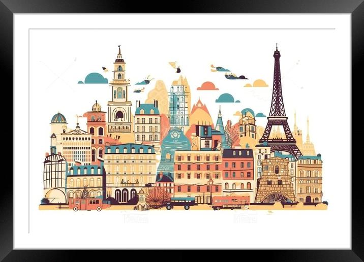 Illustration of landmarks in Paris Framed Mounted Print by Mirjana Bogicevic