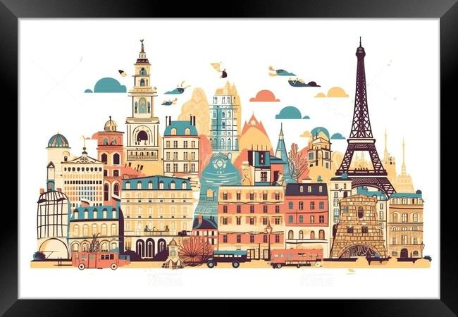 Illustration of landmarks in Paris Framed Print by Mirjana Bogicevic