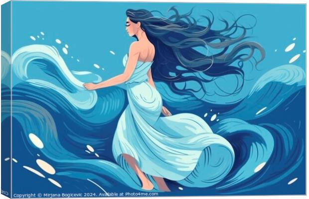 Illustration of woman with flowing hair dance in the ocean Canvas Print by Mirjana Bogicevic
