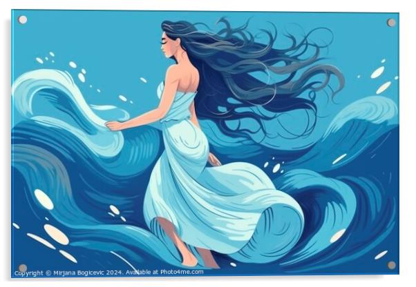 Illustration of woman with flowing hair dance in the ocean Acrylic by Mirjana Bogicevic