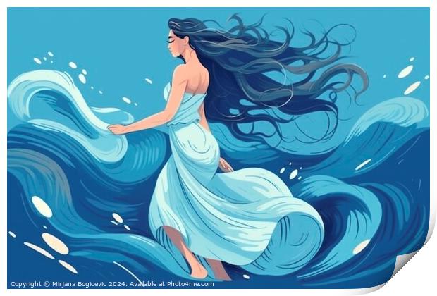 Illustration of woman with flowing hair dance in the ocean Print by Mirjana Bogicevic