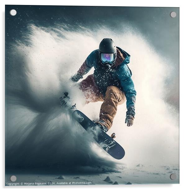 Snowboarder glides down the mountain Acrylic by Mirjana Bogicevic