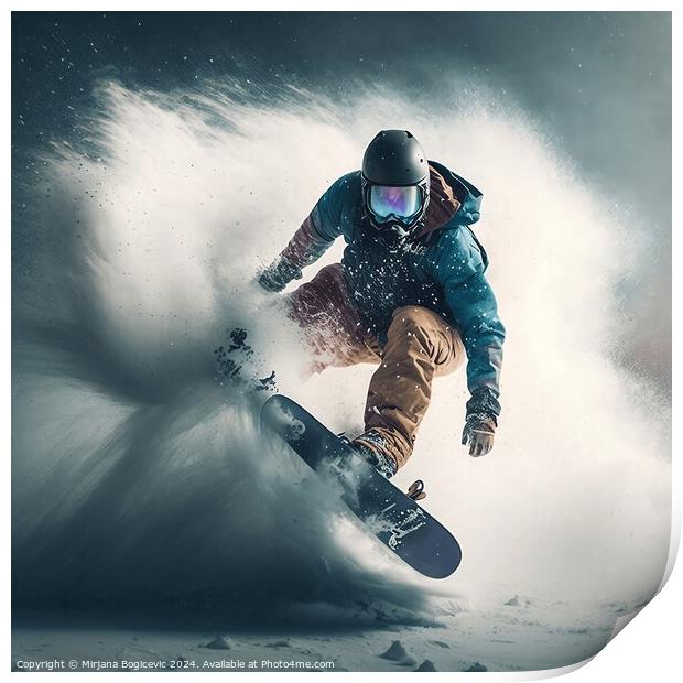 Snowboarder glides down the mountain Print by Mirjana Bogicevic