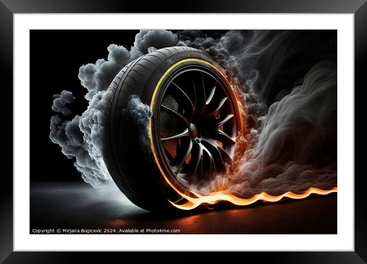 Car tyre on fire Framed Mounted Print by Mirjana Bogicevic