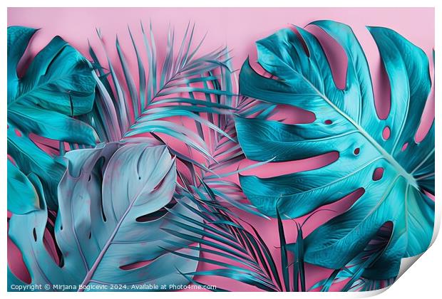 Emerald Foliage Against a Blushing Sky: Tropical Palm Leaves at  Print by Mirjana Bogicevic