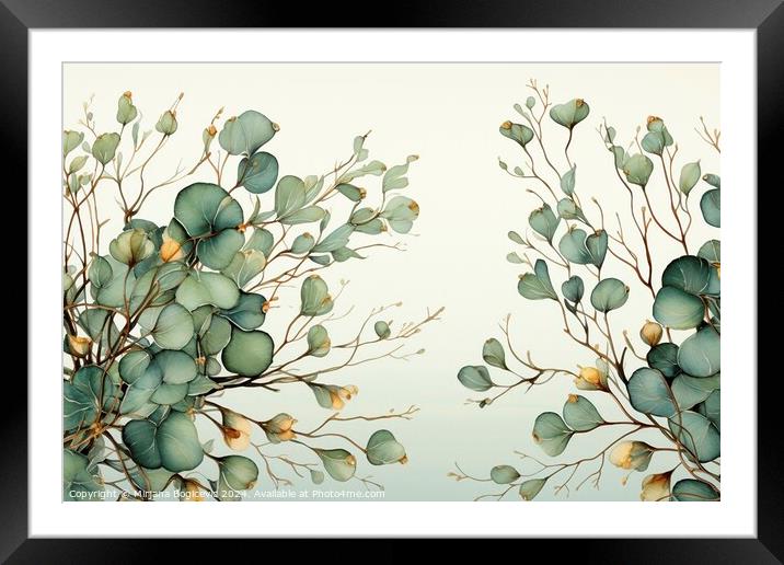 Green foliage border on the white background, created with gener Framed Mounted Print by Mirjana Bogicevic
