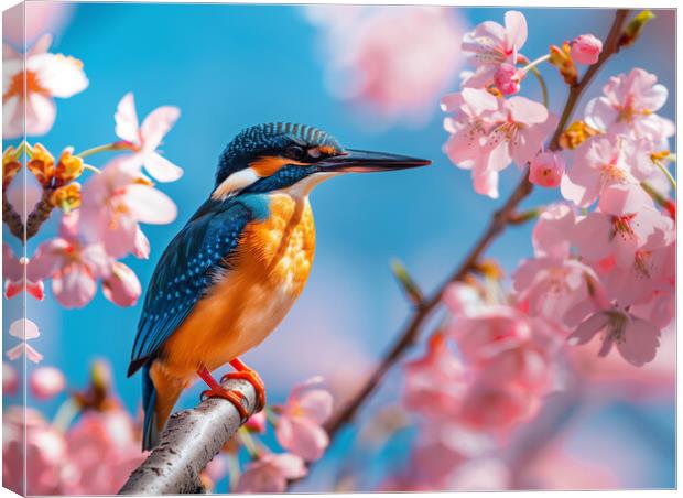 Kingfisher standing on a branch of Cherry Blossom Canvas Print by T2 