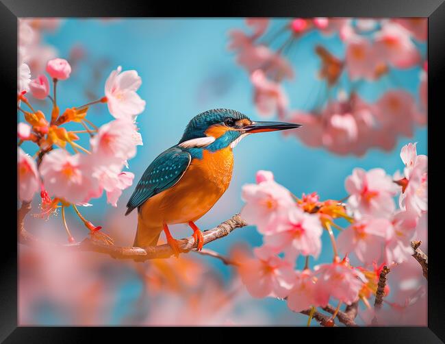 Kingfisher standing on a branch of Cherry Blossom Framed Print by T2 