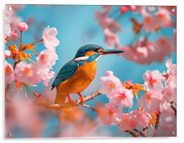 Kingfisher standing on a branch of Cherry Blossom Acrylic by T2 