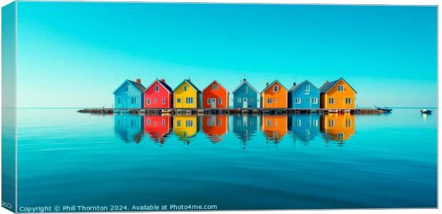 Tranquil seascape featuring a floating island of colourful house Canvas Print by Phill Thornton