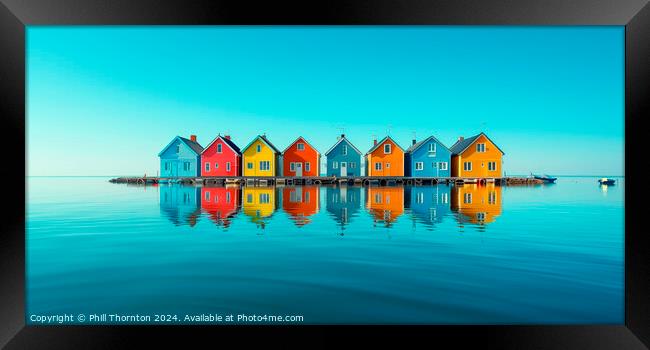 Tranquil seascape featuring a floating island of colourful house Framed Print by Phill Thornton