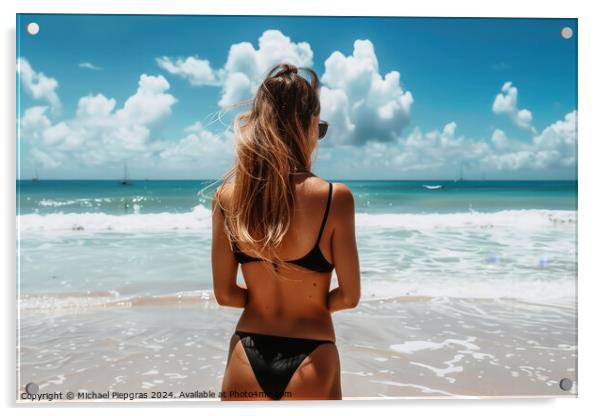 A woman at a beach wearing a black bikini. Acrylic by Michael Piepgras