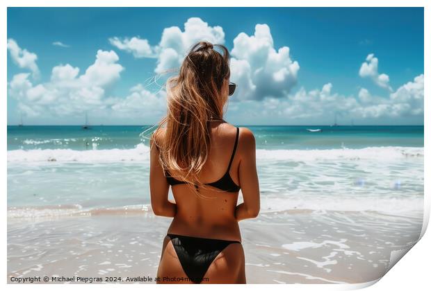 A woman at a beach wearing a black bikini. Print by Michael Piepgras