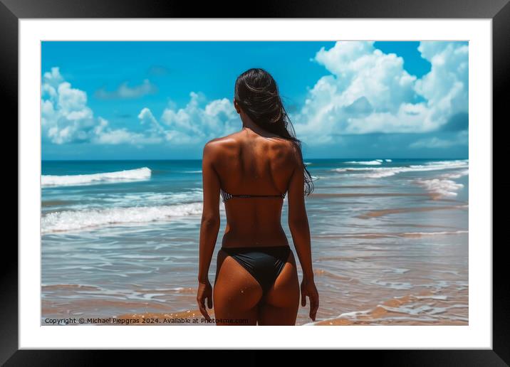 A woman at a beach wearing a black bikini. Framed Mounted Print by Michael Piepgras