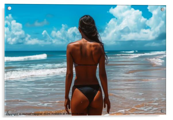 A woman at a beach wearing a black bikini. Acrylic by Michael Piepgras