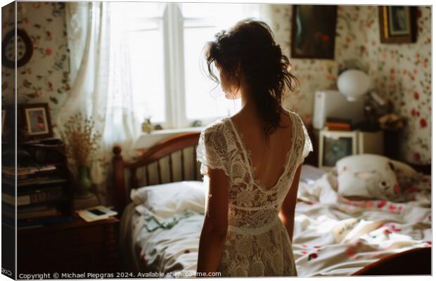 A woman in her bedroom in a lace dress. Canvas Print by Michael Piepgras