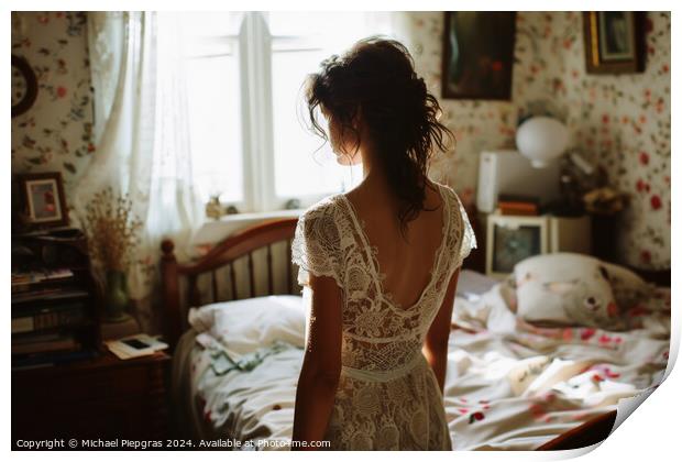 A woman in her bedroom in a lace dress. Print by Michael Piepgras