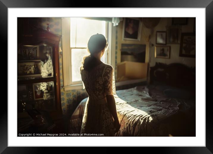 A woman in her bedroom in a lace dress. Framed Mounted Print by Michael Piepgras