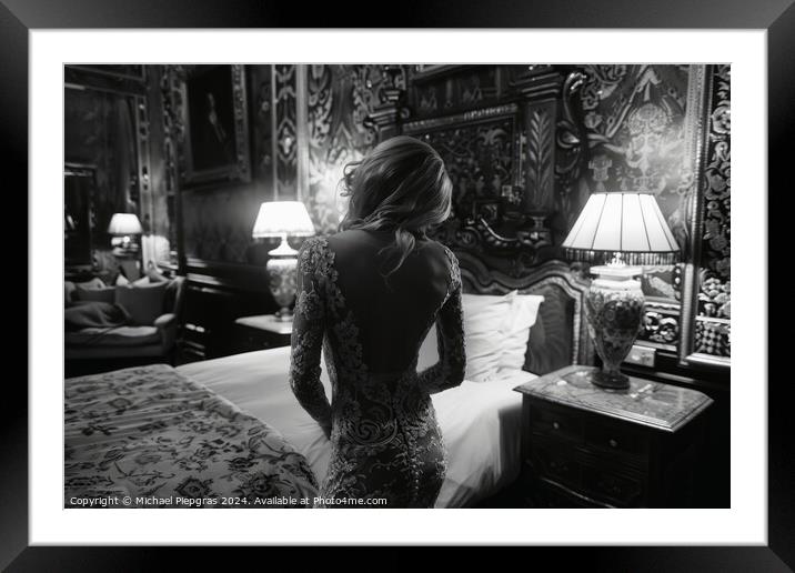 A woman in her bedroom in a lace dress. Framed Mounted Print by Michael Piepgras