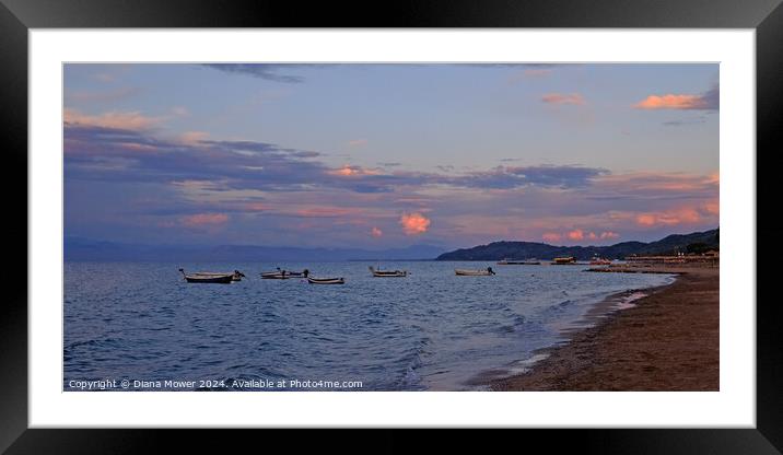 Corfu beach at sunset Greece Framed Mounted Print by Diana Mower