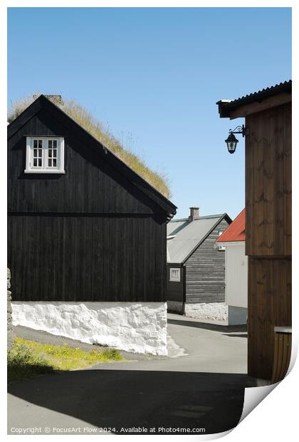 Traditional Faroese Houses with Grass Roofs in Sunlight Print by FocusArt Flow