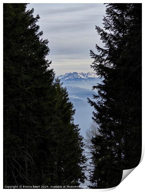 Mountain through the trees Süd Tirol Print by Emma Baert