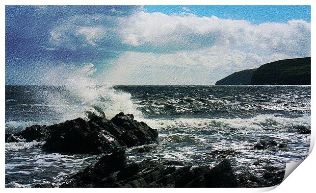 Waves and coastline at Dunbeath, Scotland Print by Linda More