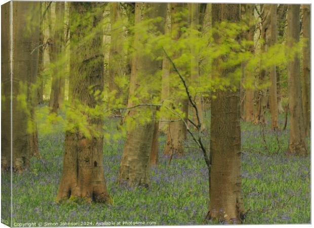 windy woodland with bluebells Canvas Print by Simon Johnson